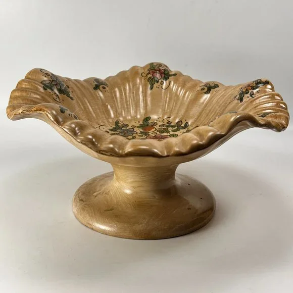 Vtg Cerbella Gubbio Ceramic Stoneware Pedestal Scalloped Fruit Bowl Floral Italy